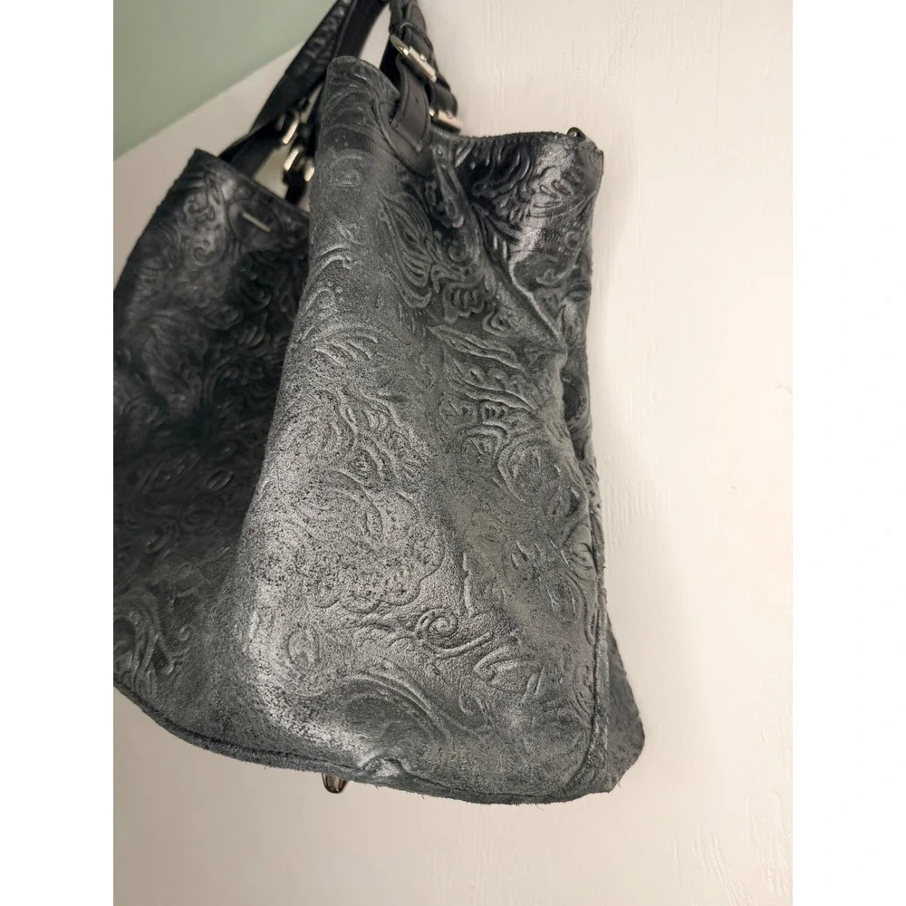 Isadora Italy Black Embossed Floral Leather Hobo Bag Slouchy Shoulder Tote Large
